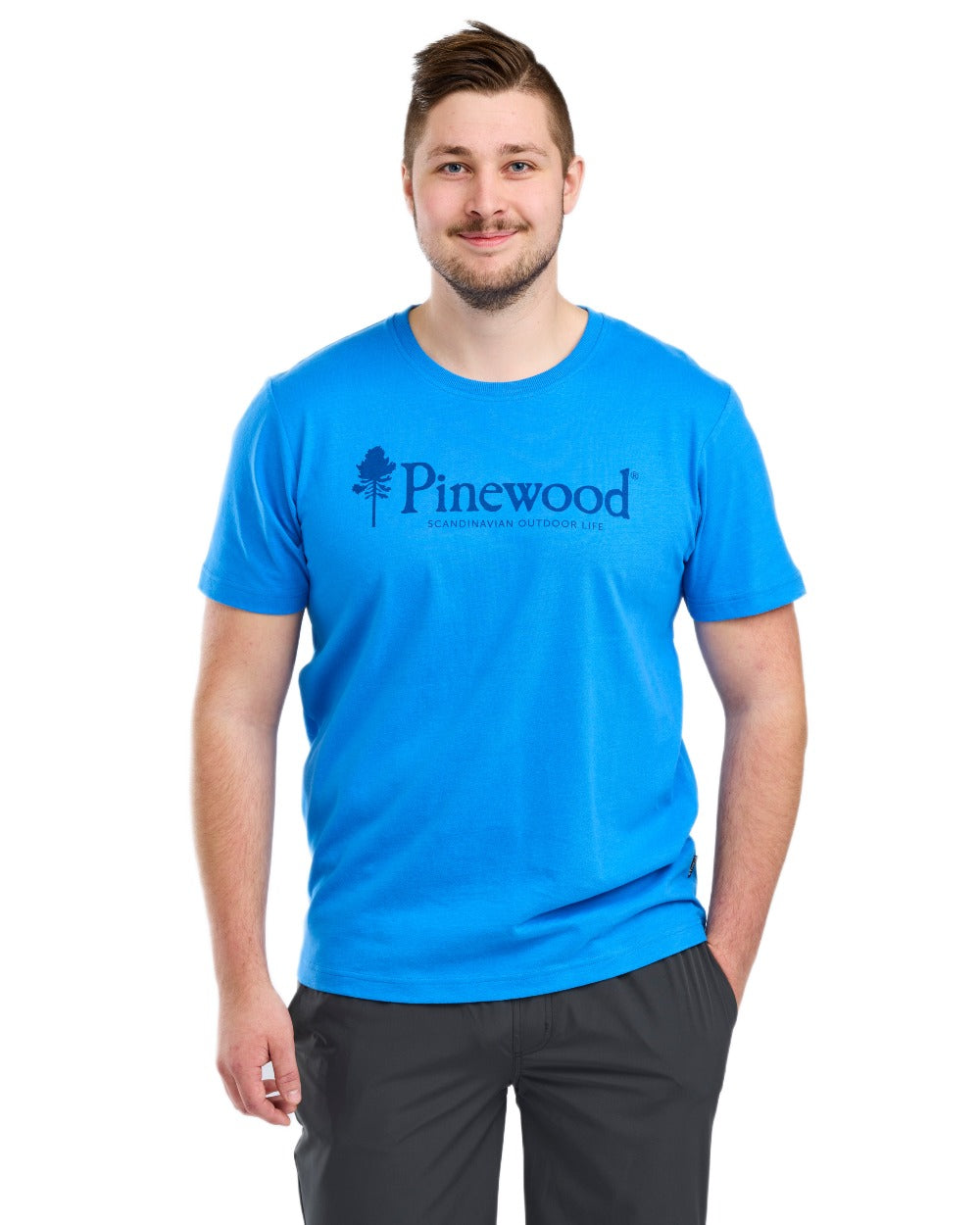 Light Galaxy Blue coloured Pinewood Mens Outdoor Life T-Shirt on white background 