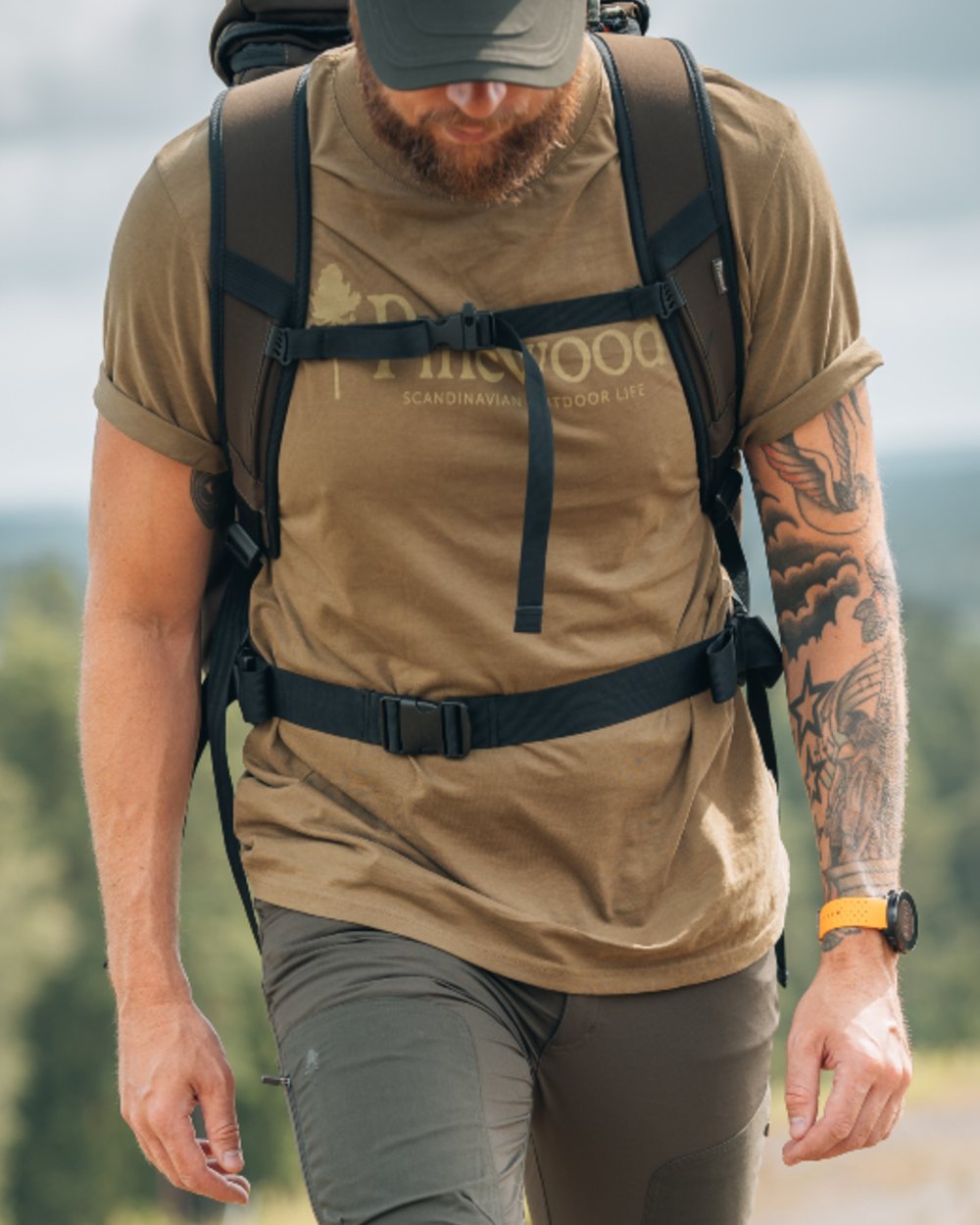 Nougat coloured Pinewood Mens Outdoor Life T-Shirt on outdoor background 