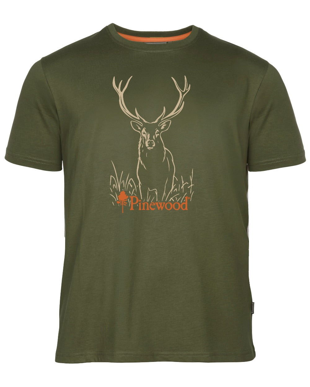 Green coloured Pinewood Mens Red Deer T-Shirt on white background 