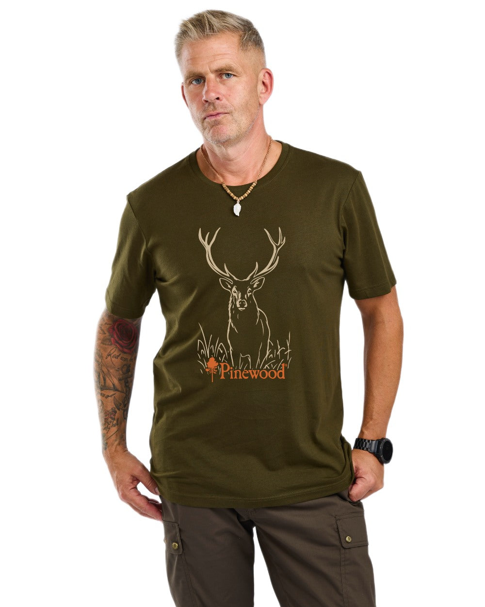 Green coloured Pinewood Mens Red Deer T-Shirt on white background 