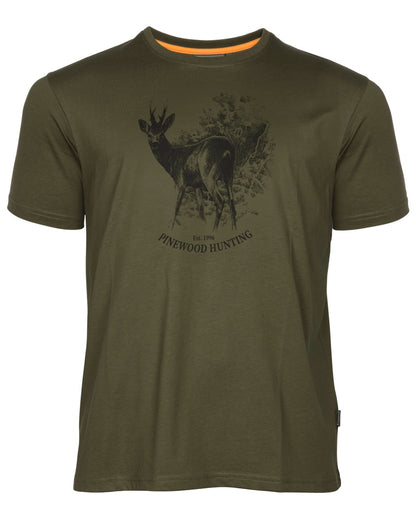 Olive coloured Pinewood Mens Roe Deer T-Shirt on white background 