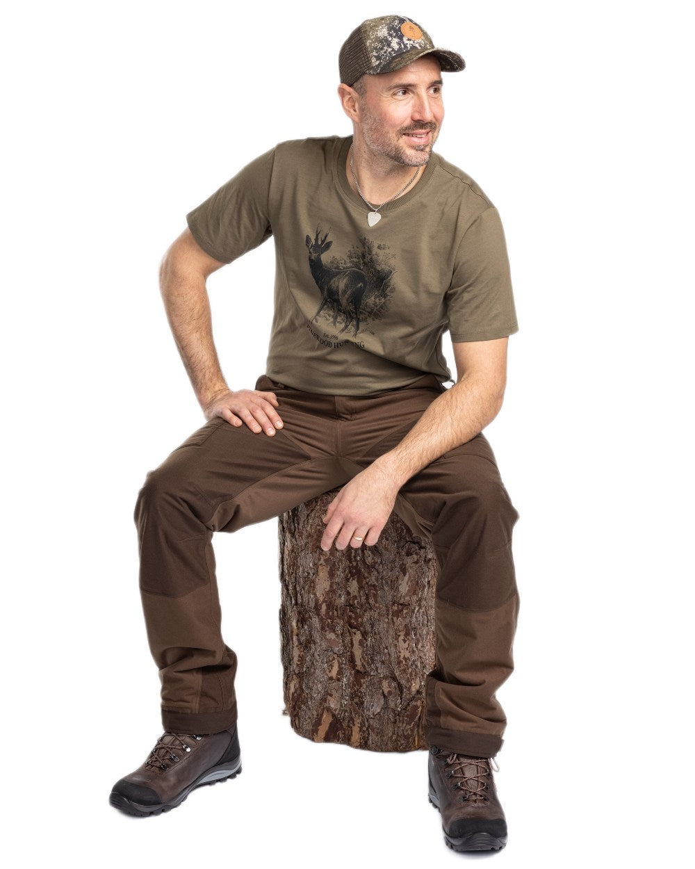 Olive coloured Pinewood Mens Roe Deer T-Shirt on white background 