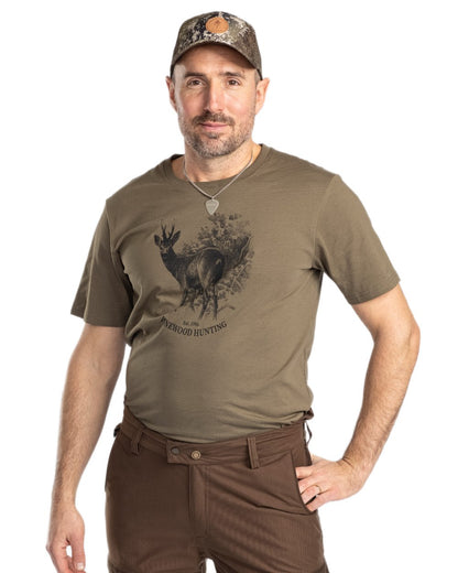 Olive coloured Pinewood Mens Roe Deer T-Shirt on white background 