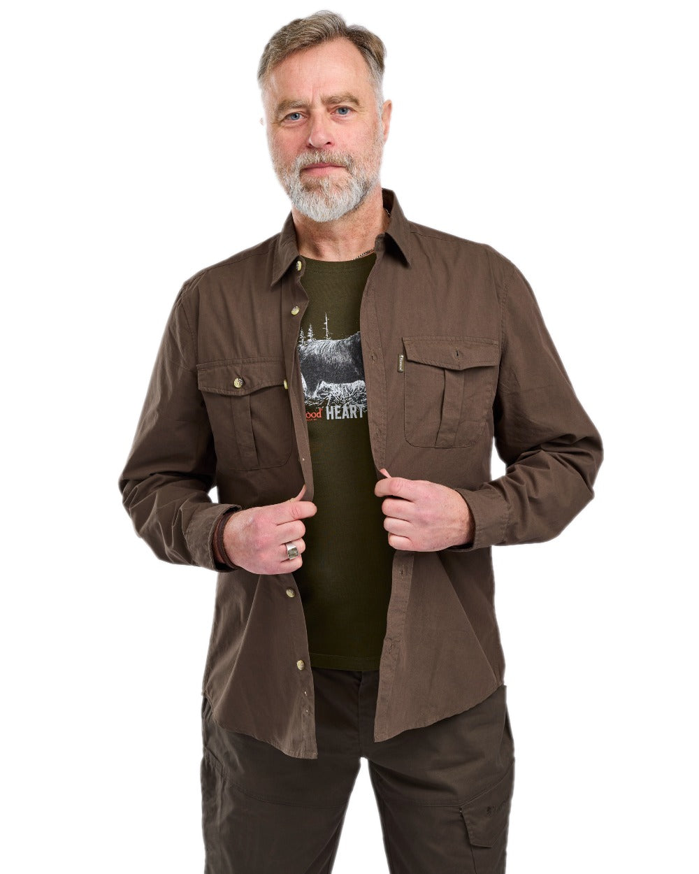 Dark Olive Coloured Pinewood Mens Safari Long Sleeve Shirt on white background 
