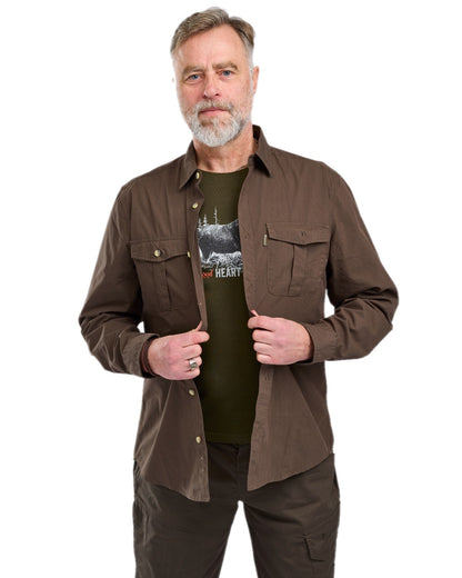 Dark Olive Coloured Pinewood Mens Safari Long Sleeve Shirt on white background 