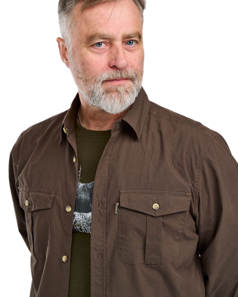 Dark Olive Coloured Pinewood Mens Safari Long Sleeve Shirt on white background 