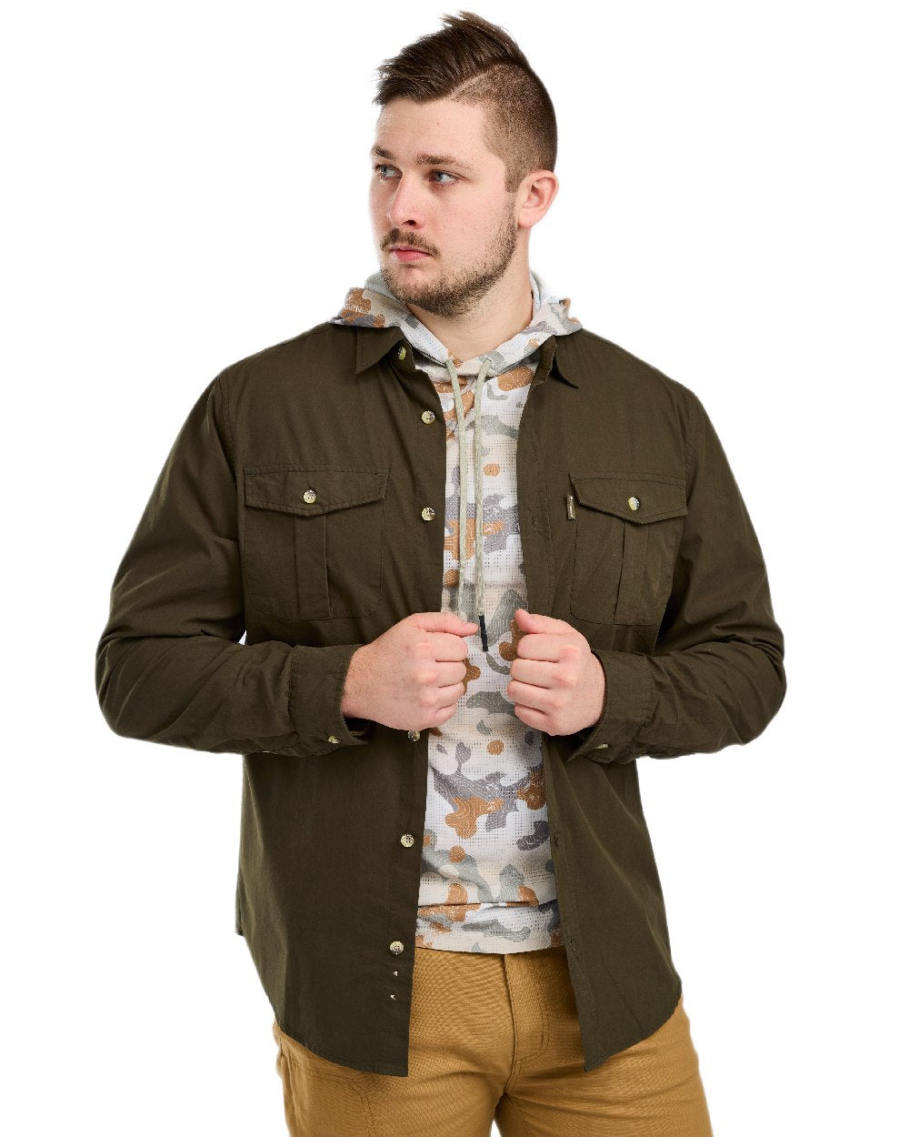 Moss Green Coloured Pinewood Mens Safari Long Sleeve Shirt on white background 
