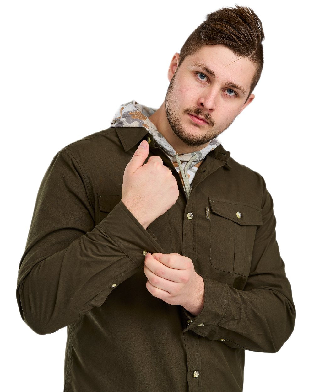 Moss Green Coloured Pinewood Mens Safari Long Sleeve Shirt on white background 