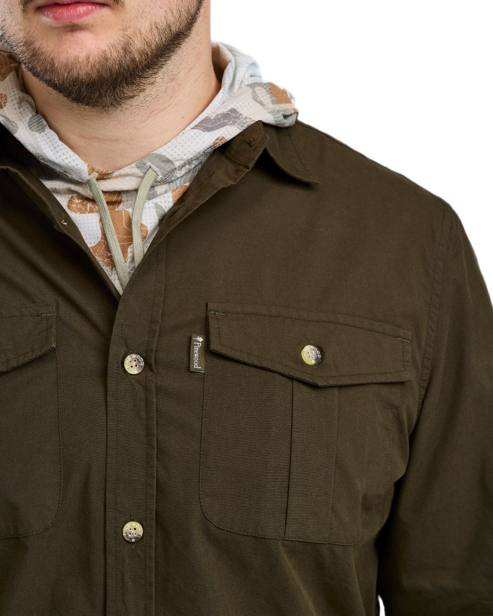Moss Green Coloured Pinewood Mens Safari Long Sleeve Shirt on white background 