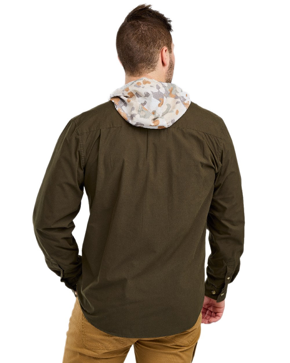 Moss Green Coloured Pinewood Mens Safari Long Sleeve Shirt on white background 