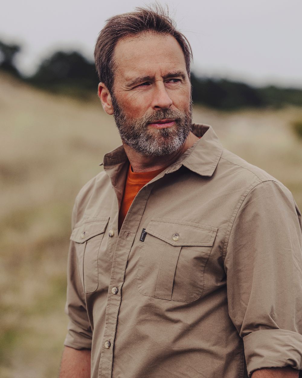 Sandstone Coloured Pinewood Mens Safari Long Sleeve Shirt on outdoor background 
