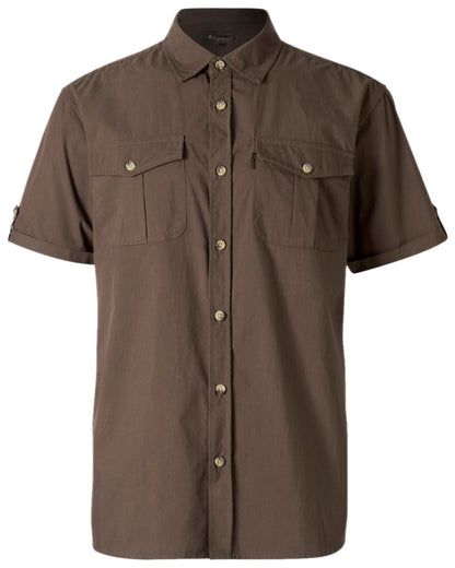 Dark Olive Coloured Pinewood Mens Safari Short Sleeve Shirt on white background 