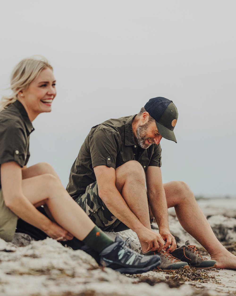 Dark Olive Coloured Pinewood Mens Safari Short Sleeve Shirt on outdoor background 