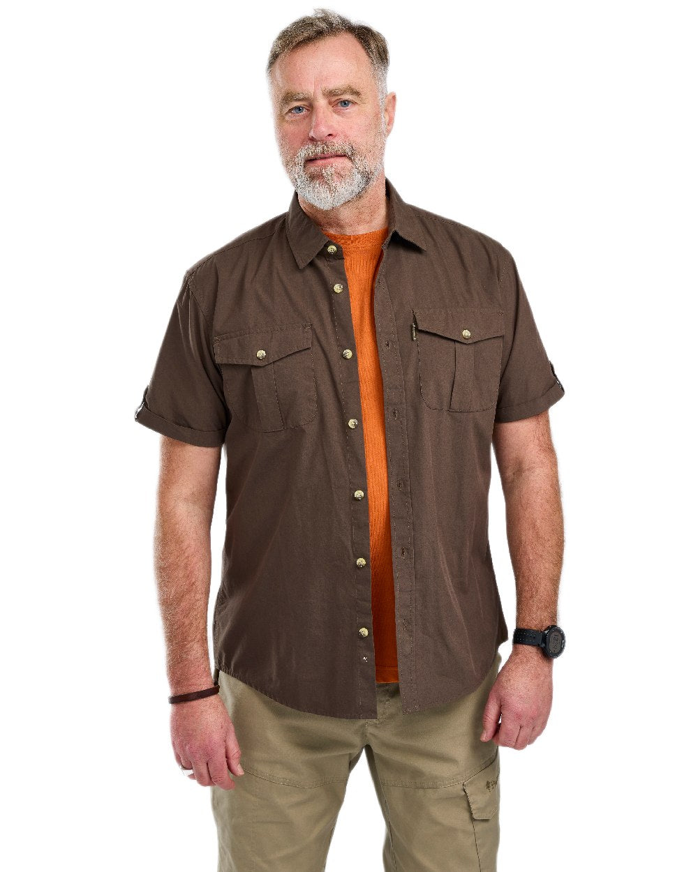 Dark Olive Coloured Pinewood Mens Safari Short Sleeve Shirt on white background 
