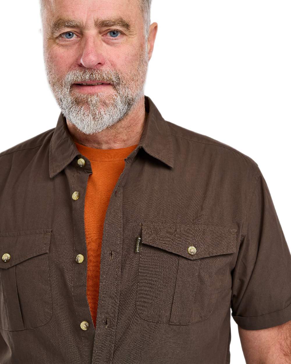Dark Olive Coloured Pinewood Mens Safari Short Sleeve Shirt on white background 