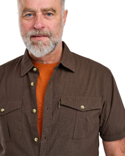 Dark Olive Coloured Pinewood Mens Safari Short Sleeve Shirt on white background 