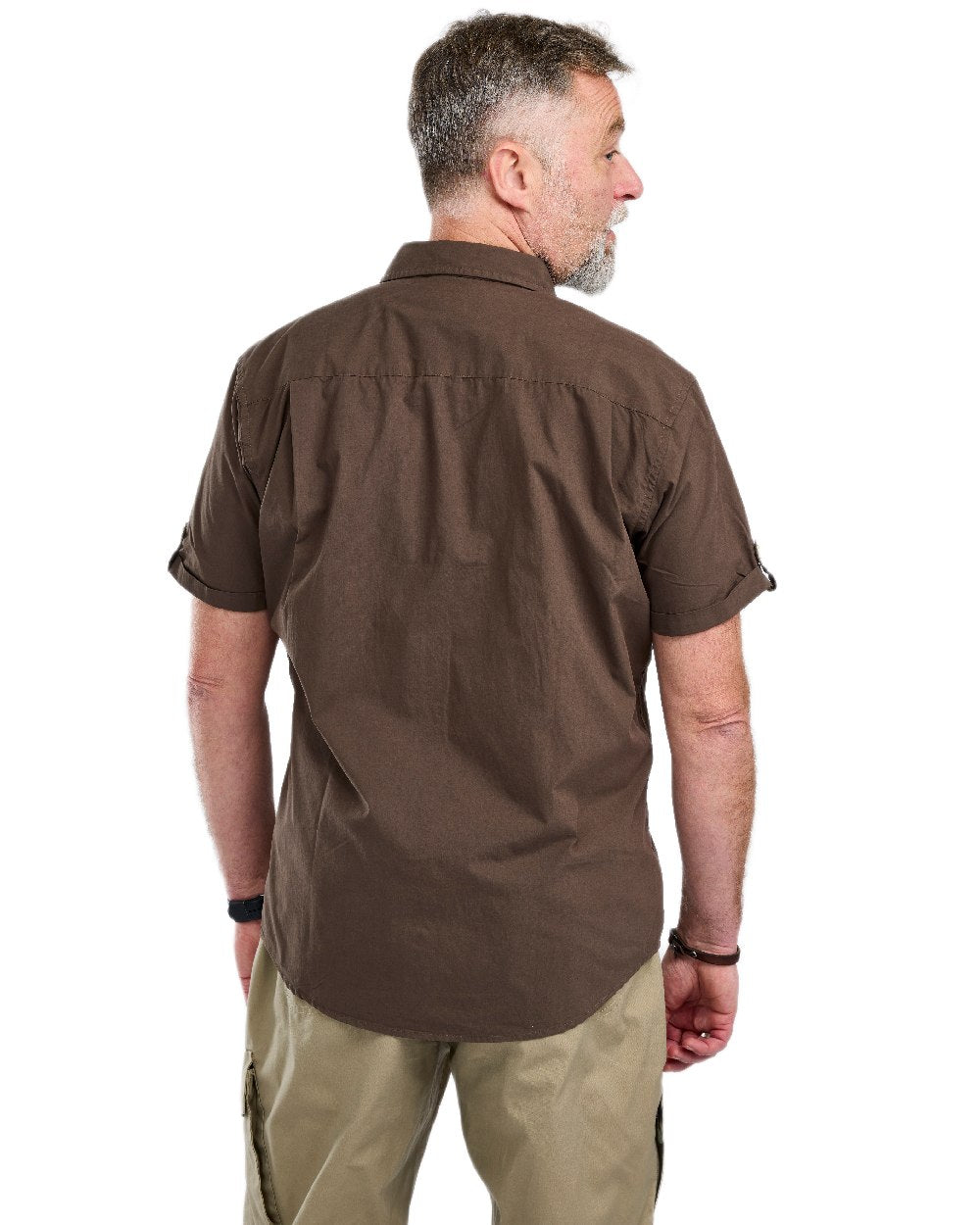 Dark Olive Coloured Pinewood Mens Safari Short Sleeve Shirt on white background 