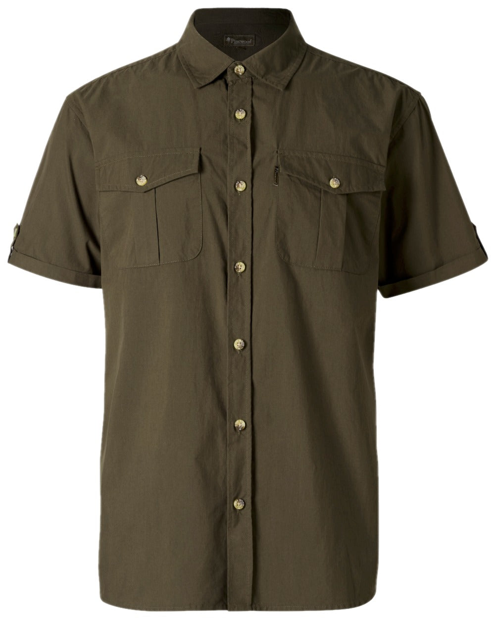 Moss Green Coloured Pinewood Mens Safari Short Sleeve Shirt on white background 