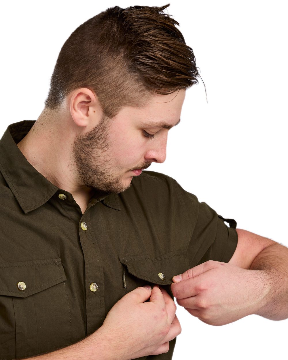 Moss Green Coloured Pinewood Mens Safari Short Sleeve Shirt on white background 