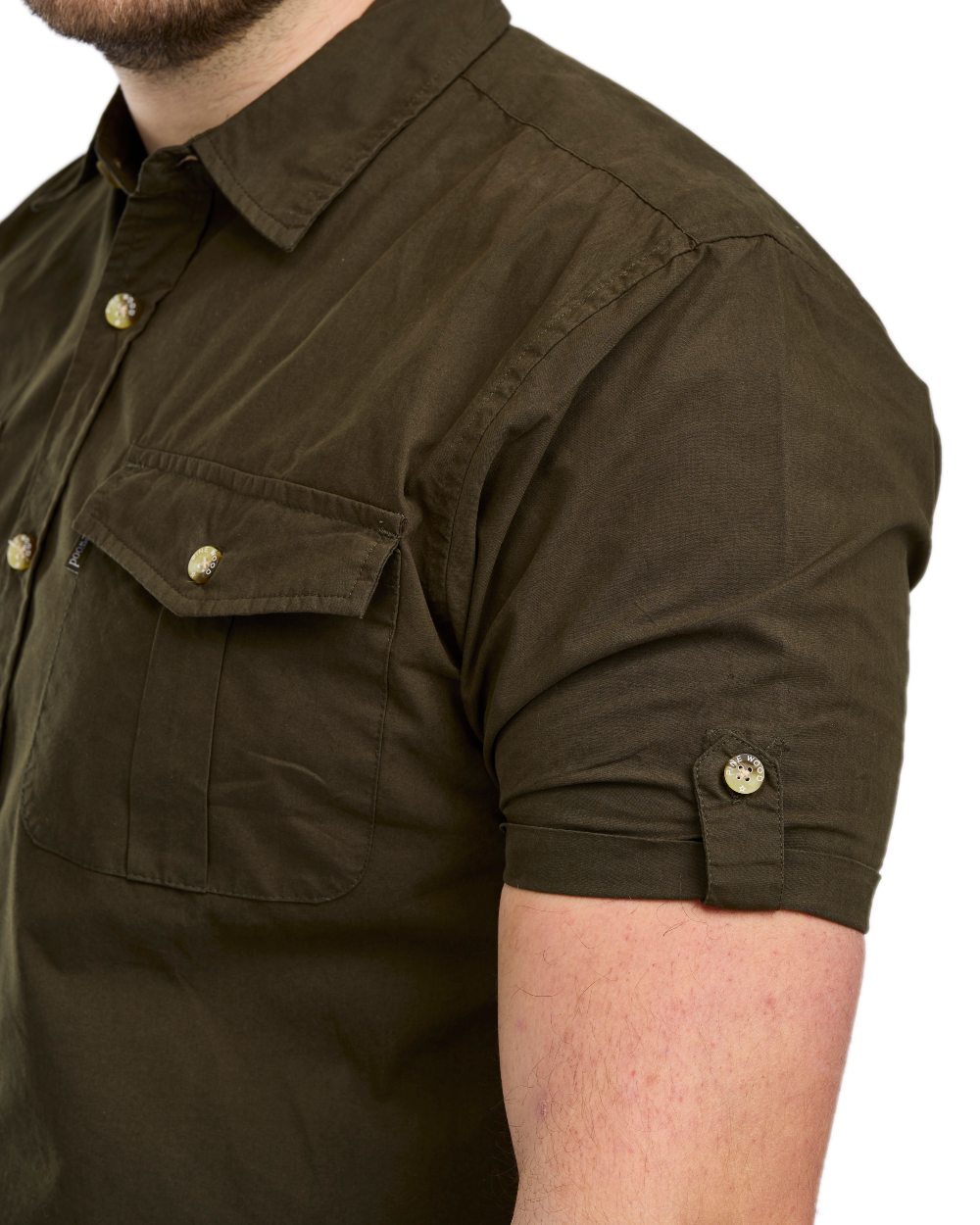 Moss Green Coloured Pinewood Mens Safari Short Sleeve Shirt on white background 