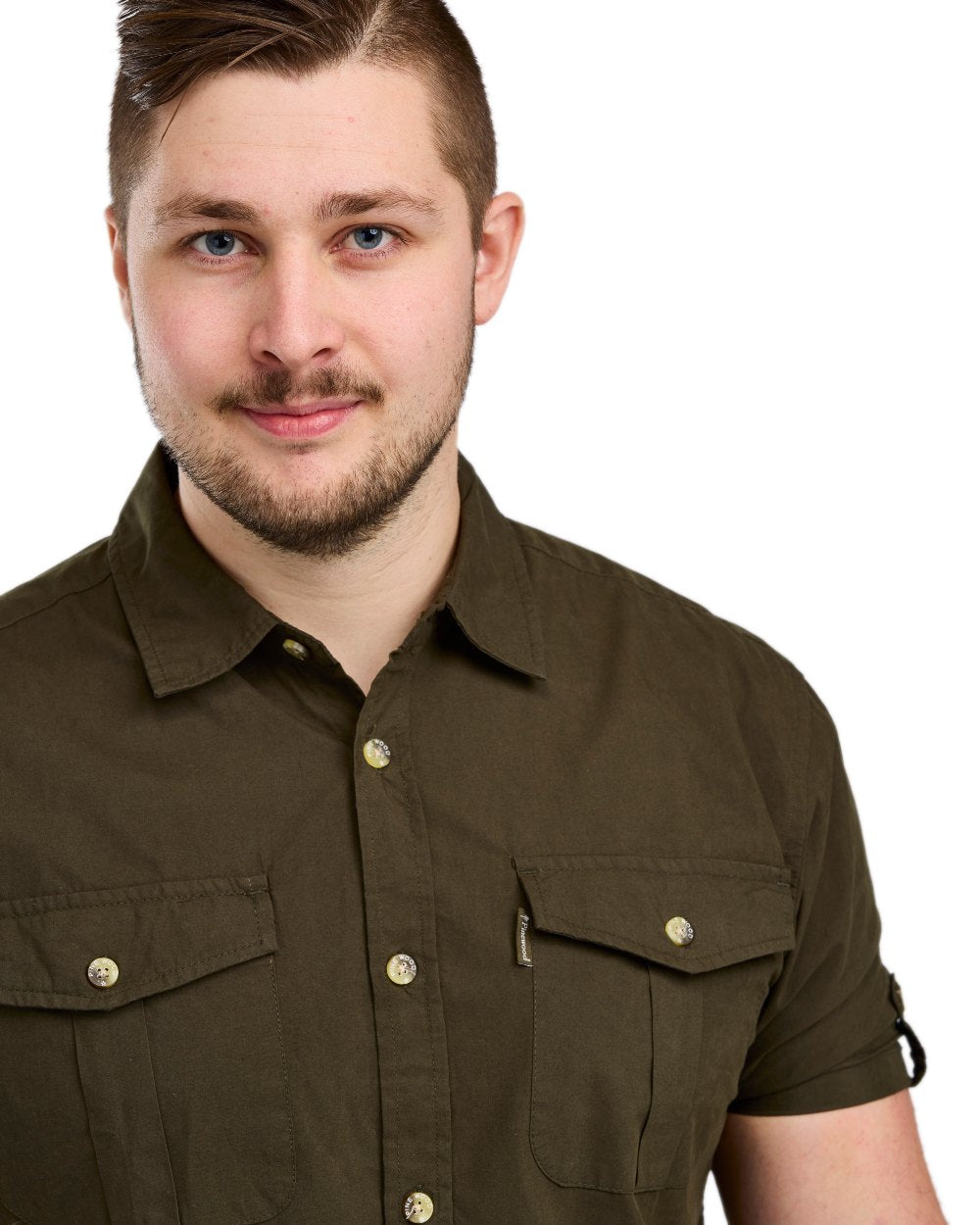 Moss Green Coloured Pinewood Mens Safari Short Sleeve Shirt on white background 