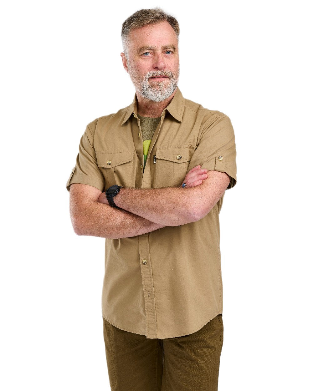 Sandstone Coloured Pinewood Mens Safari Short Sleeve Shirt on white background 