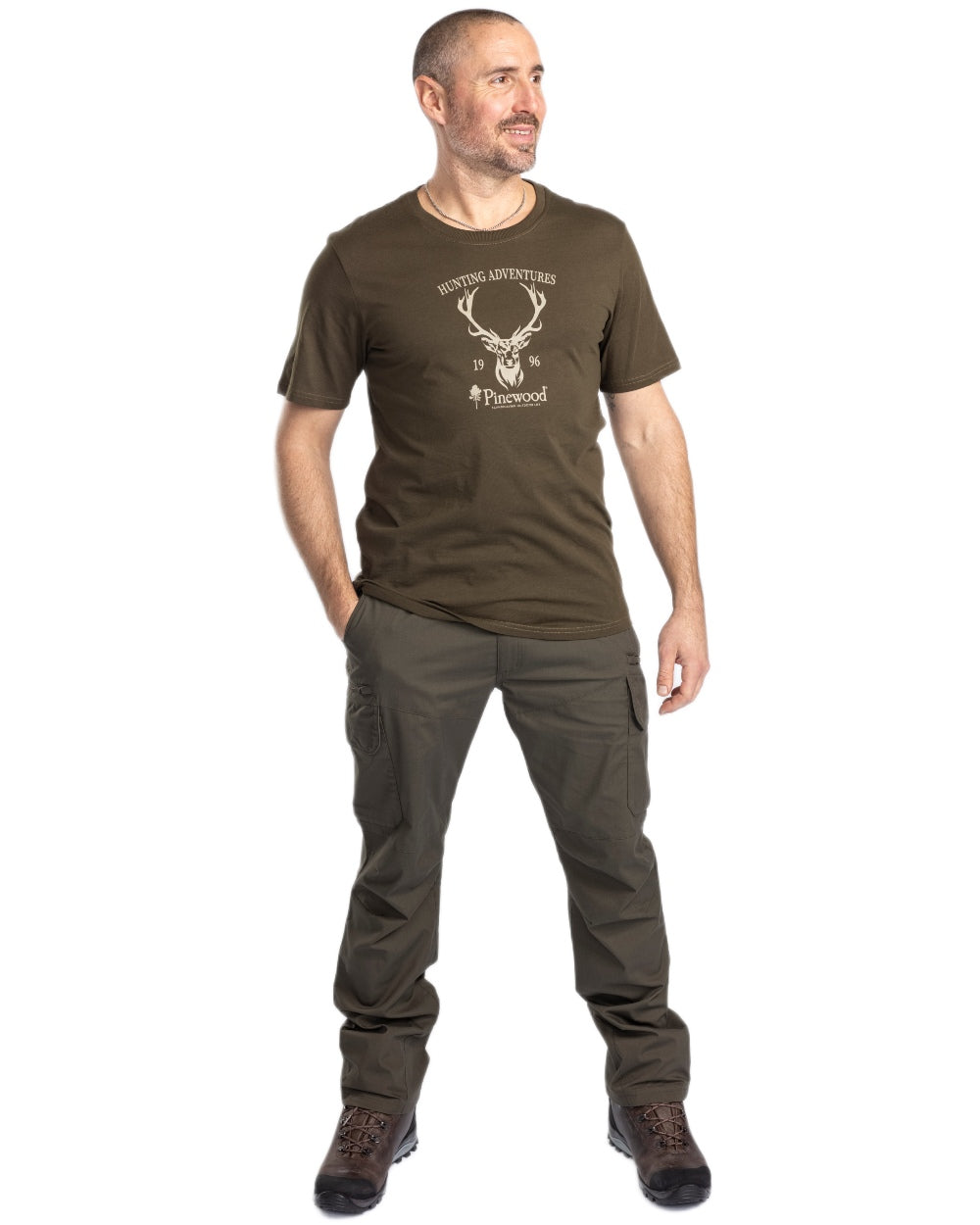 Moss Green coloured Pinewood Mens Smaland Hunters Insectsafe Trousers on white background 