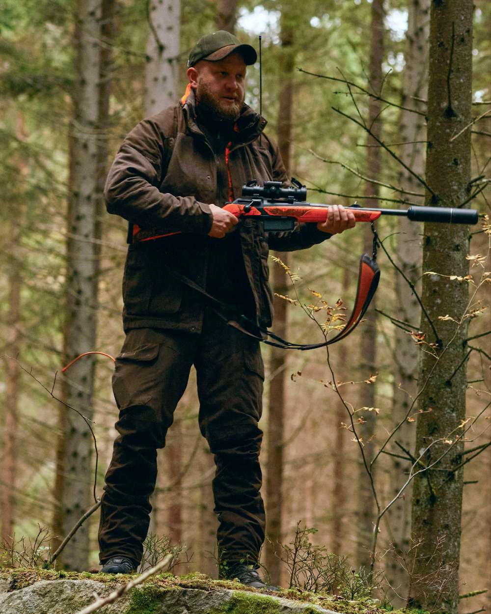 Suede Brown Coloured Pinewood Mens Smaland Hunters Jacket on forest background 