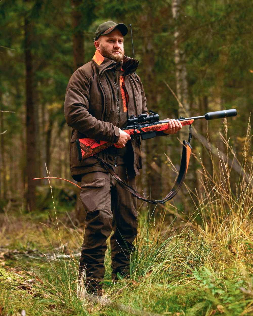 Suede Brown Coloured Pinewood Mens Smaland Hunters Jacket on forest background 