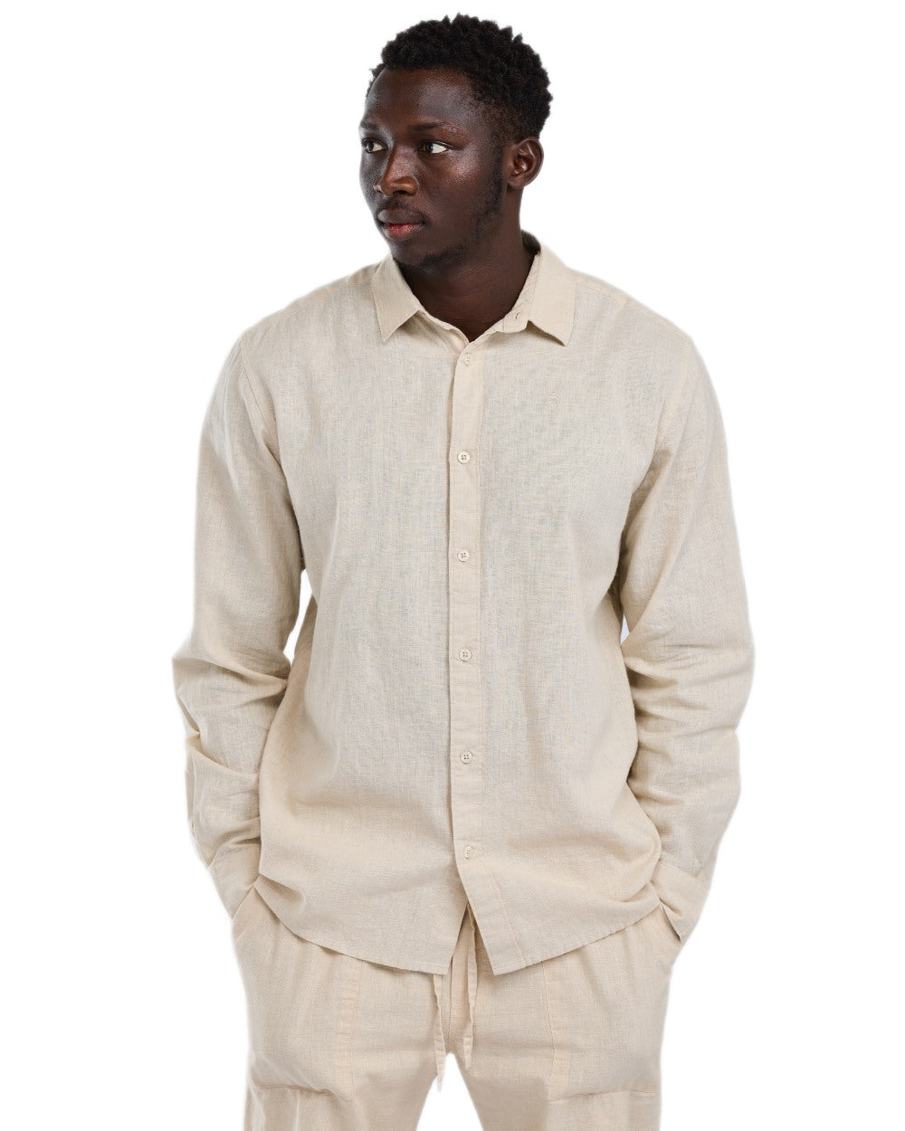 Linen Beige coloured Pinewood Mens Varnamo InsectSafe Hemp Mix Long Sleeve Shirt on white background 