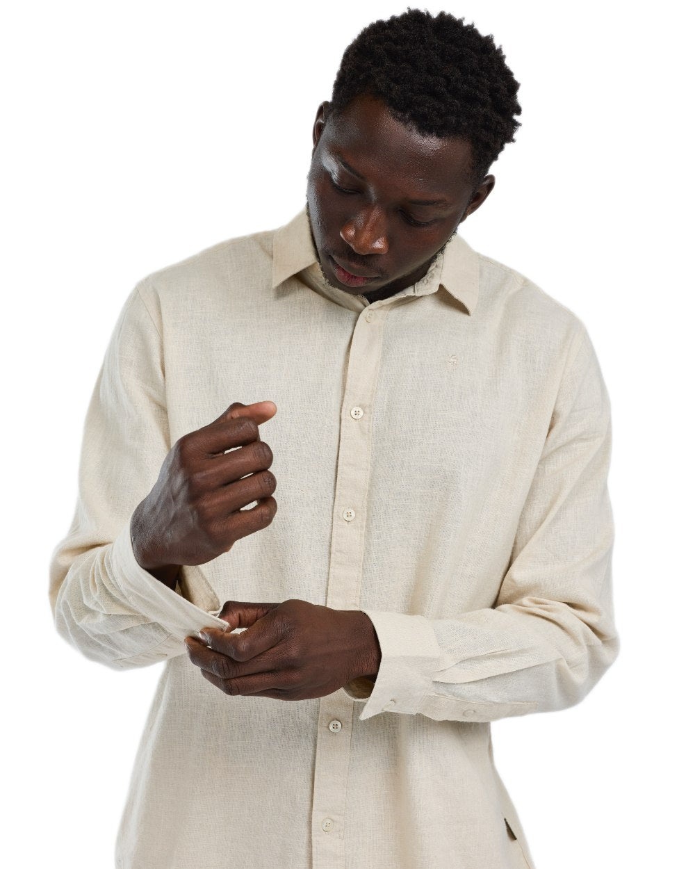 Linen Beige coloured Pinewood Mens Varnamo InsectSafe Hemp Mix Long Sleeve Shirt on white background 
