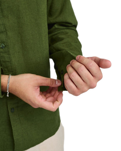 Pine Green coloured Pinewood Mens Varnamo InsectSafe Hemp Mix Long Sleeve Shirt on white background 
