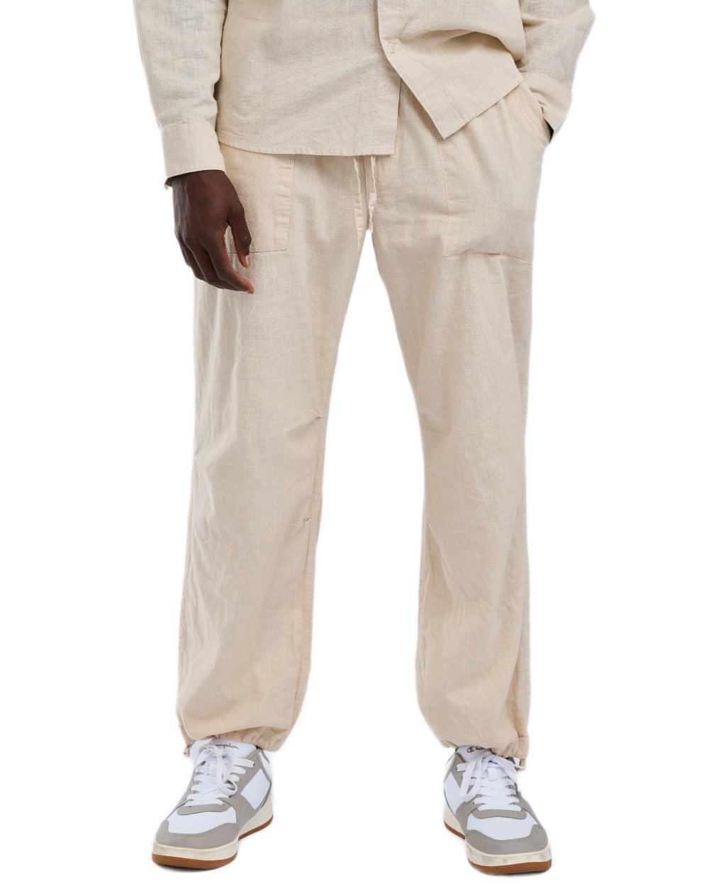 Linen Beige coloured Pinewood Mens Varnamo InsectSafe Hemp Mix Trousers on white background 