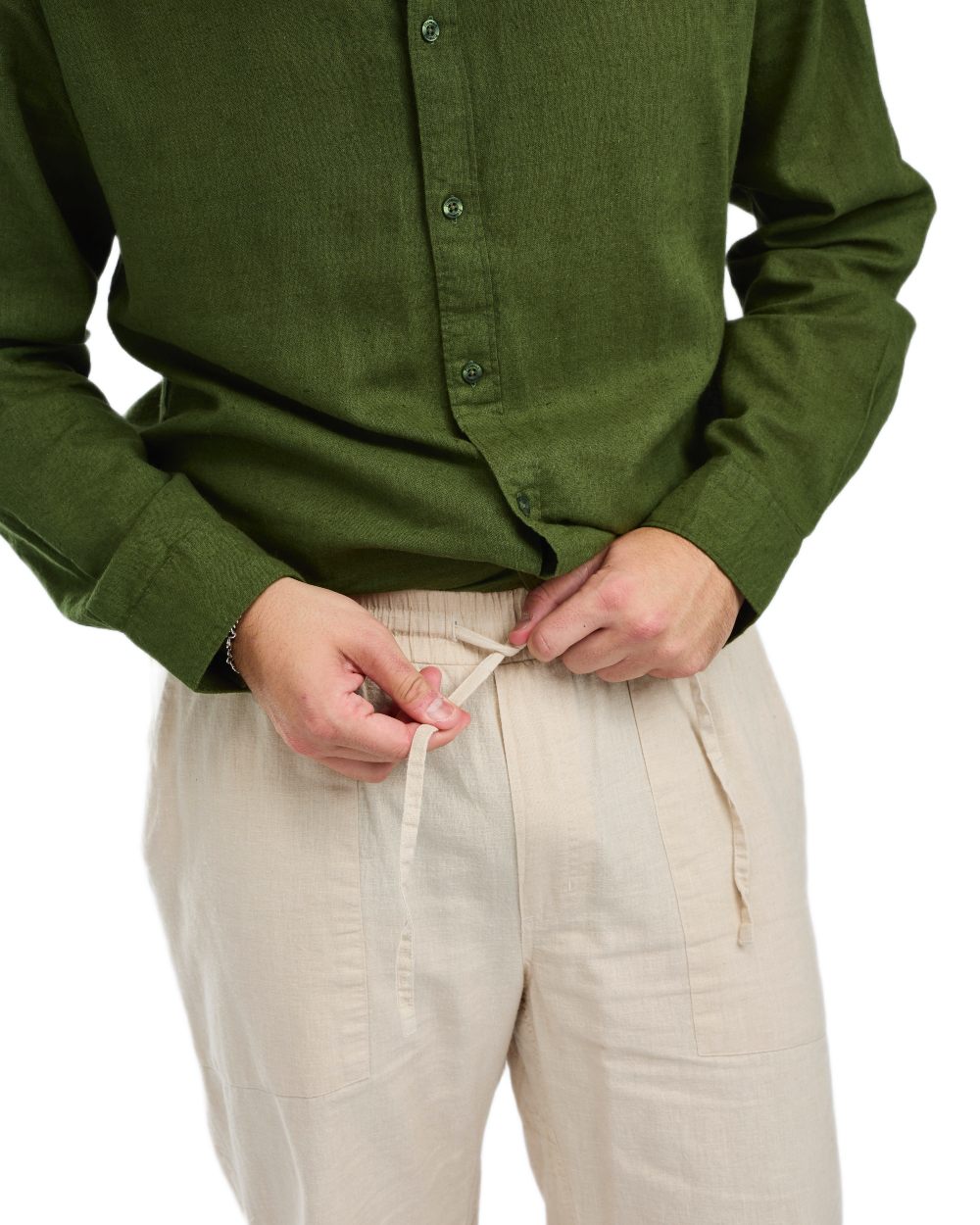 Linen Beige coloured Pinewood Mens Varnamo InsectSafe Hemp Mix Trousers on white background 