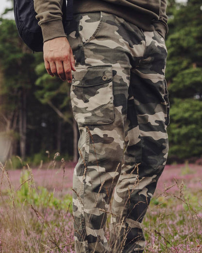 Khaki Camouflage Coloured Pinewood Mens Värnamo Serengeti Trousers on forest background 