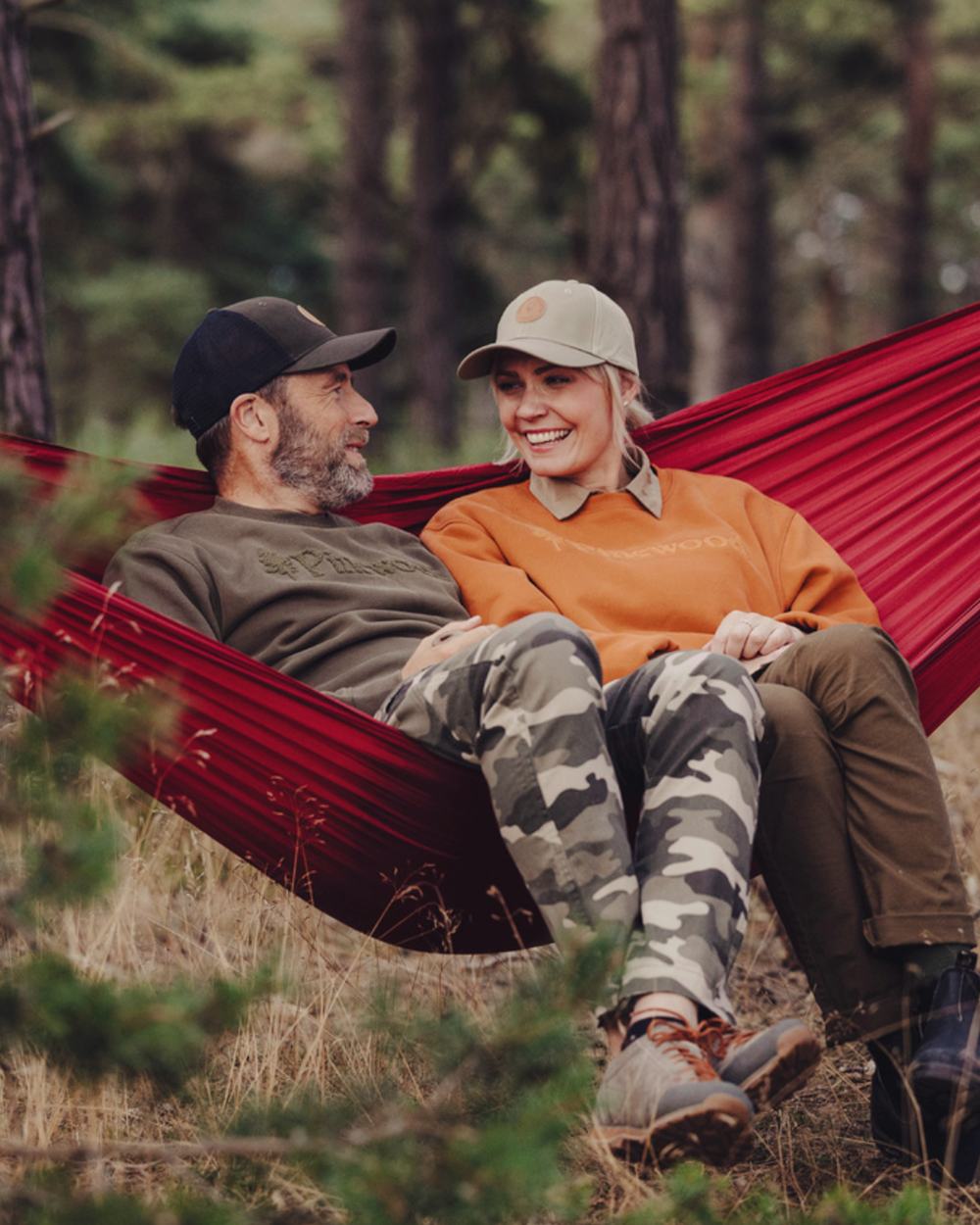 Khaki Camouflage Coloured Pinewood Mens Värnamo Serengeti Trousers on forest background 