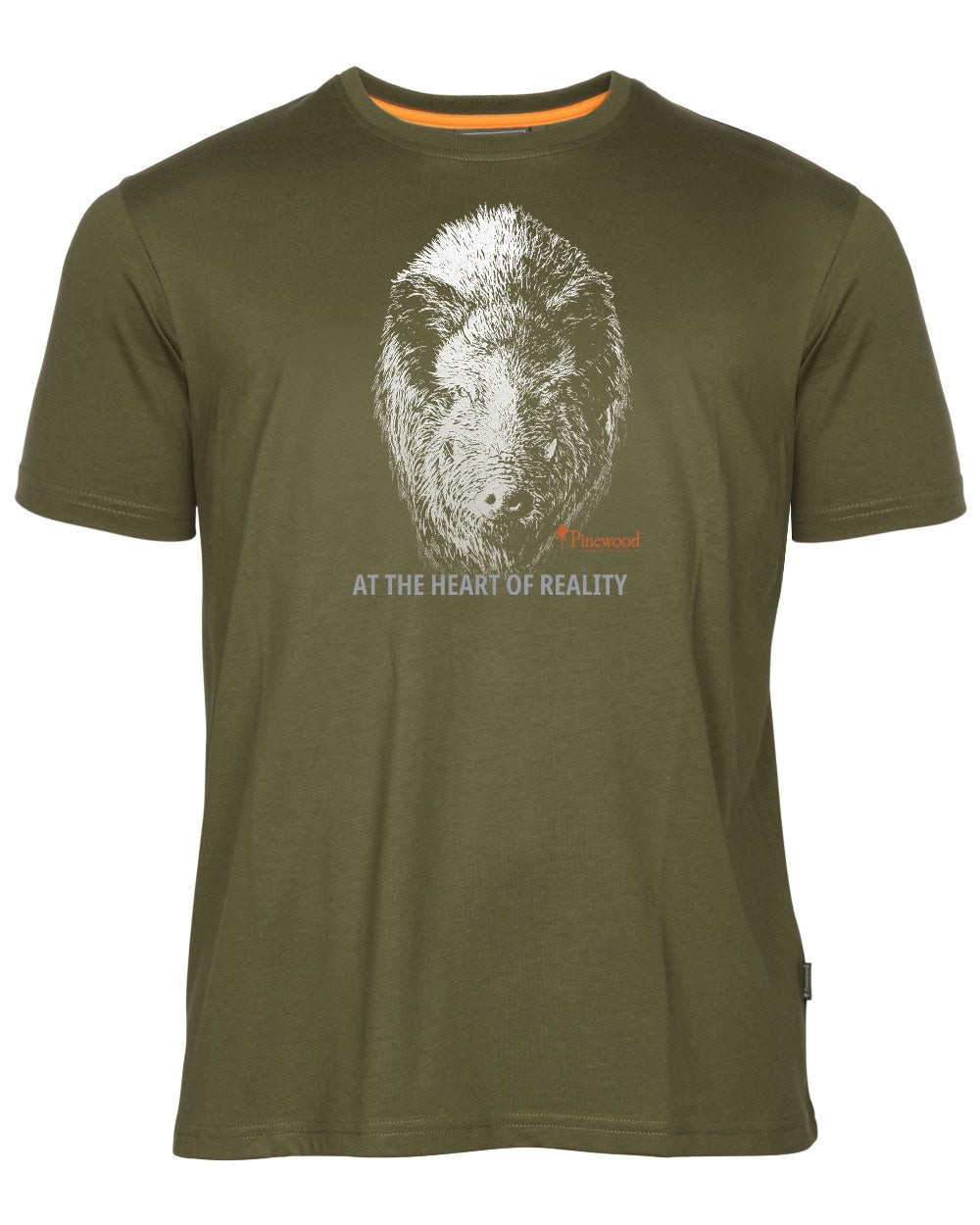Hunter Olive coloured Pinewood Mens Wild Boar T-Shirt on white background 