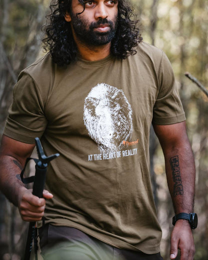 Hunter Olive coloured Pinewood Mens Wild Boar T-Shirt on outdoor background 