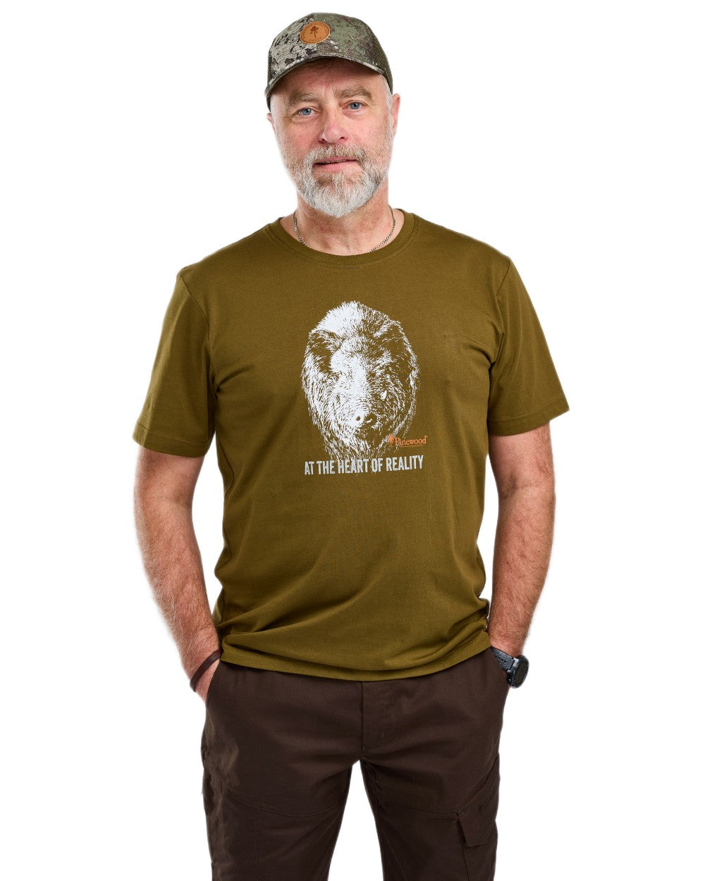 Hunter Olive coloured Pinewood Mens Wild Boar T-Shirt on white background 