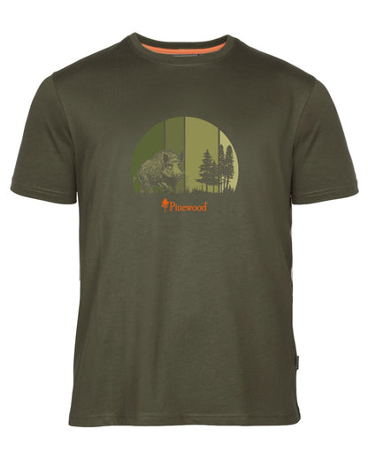 Olive coloured Pinewood Mens Wild Boar T-Shirt on white background 