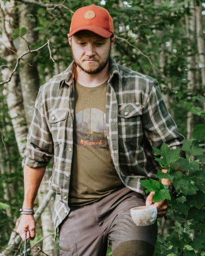 Olive coloured Pinewood Mens Wild Boar T-Shirt on forest background 