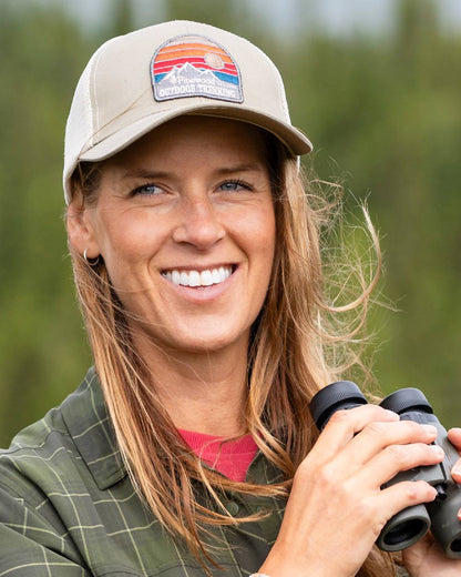 Light Khaki Coloured Pinewood Mesh Cap on outdoor background 