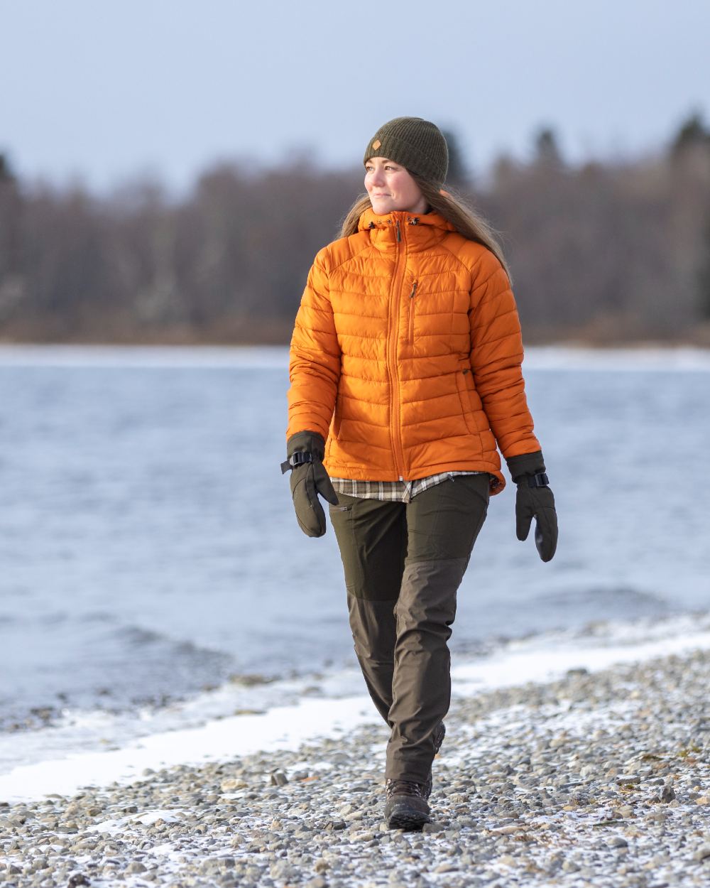 Dark Olive Suede Brown Coloured Pinewood Womens Abisko Brenton Trousers on snow background 