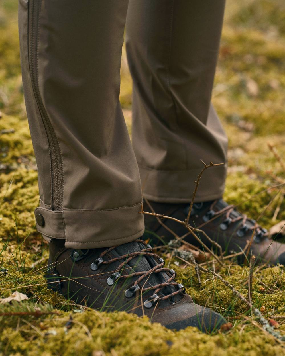Mole Brown Coloured Pinewood Womens Abisko Brenton Trousers on forest background 