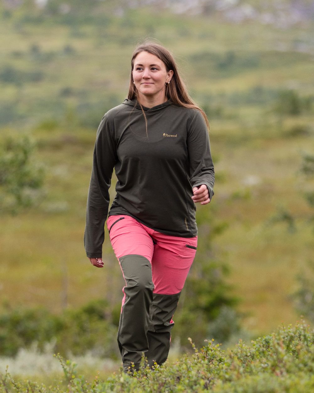 Pink Blush Mossgreen Coloured Pinewood Womens Abisko Brenton Trousers on forest background 
