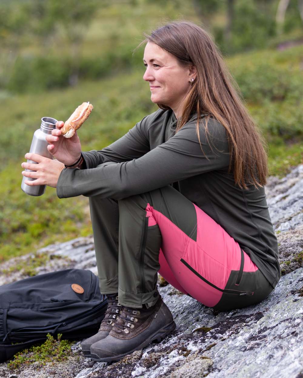 Pink Blush Mossgreen Coloured Pinewood Womens Abisko Brenton Trousers on forest background 