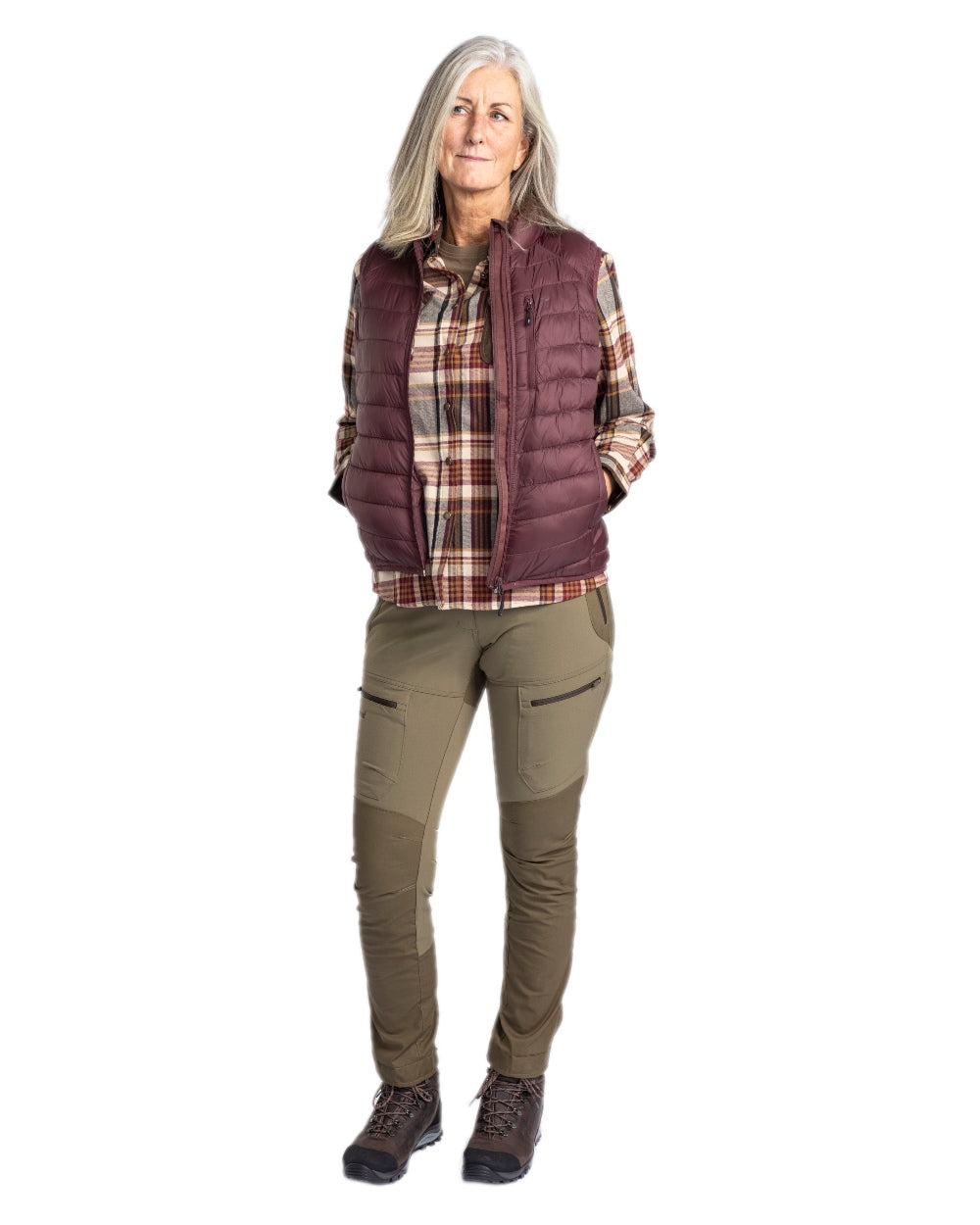 Earth Plum Coloured Pinewood Womens Abisko Insulation Vest on white background 