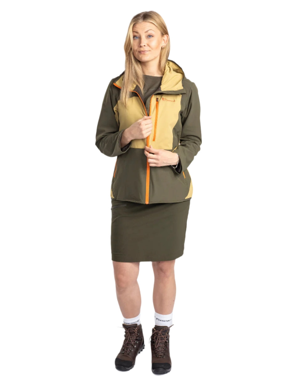 Golden Hay Mossgreen Coloured Pinewood Womens Abisko Light Stretch Jacket on white background 
