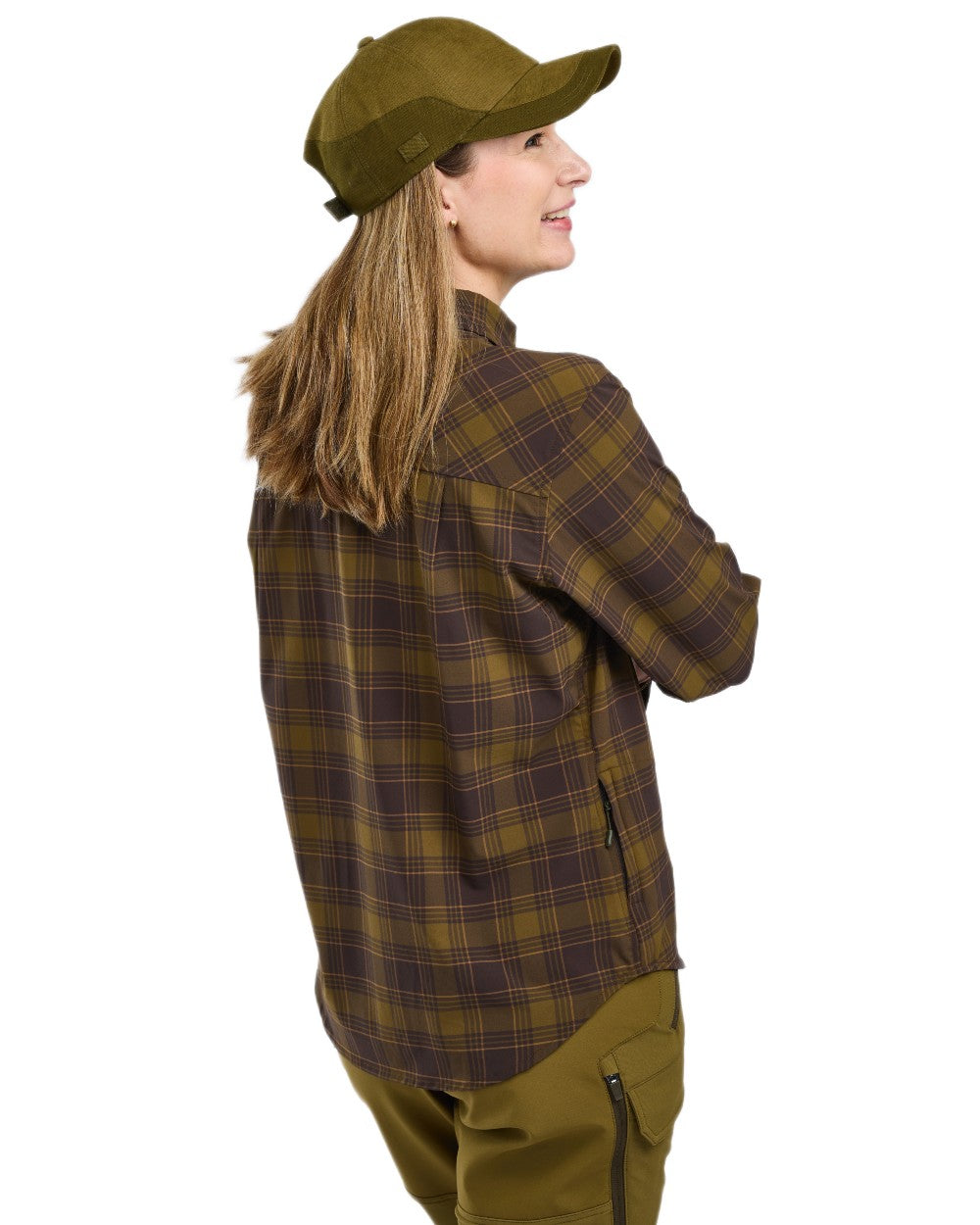 Dark Olive Dark Sandstone coloured Pinewood Womens Abisko Trekking InsectSafe Long Sleeve Shirt on white background 
