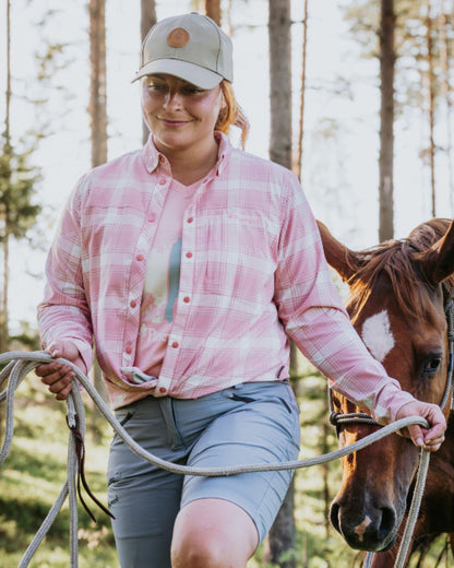 Light Pink White coloured Pinewood Womens Abisko Trekking InsectSafe Long Sleeve Shirt on forest background 